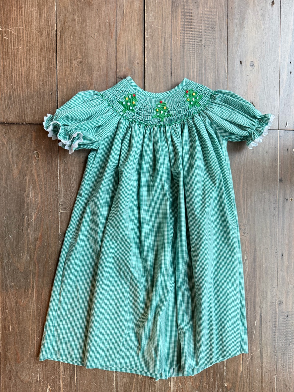 Christmas Tree Trio Smocked Bishop Dress, Green Gingham size 3T